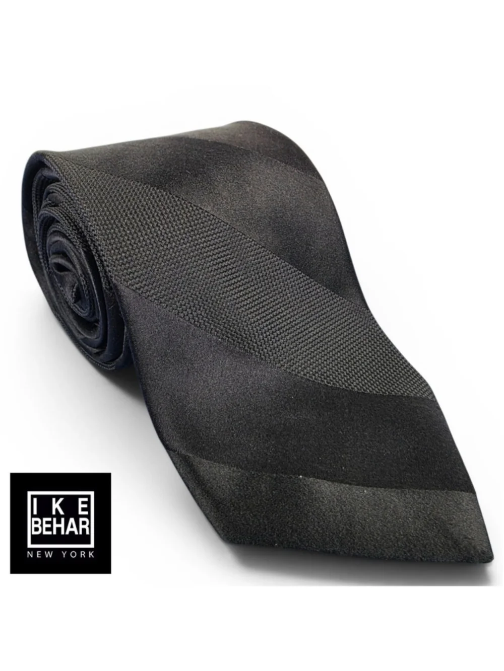 IKE Behar New York Black Striped Silk Tie Textured Designer Necktie
